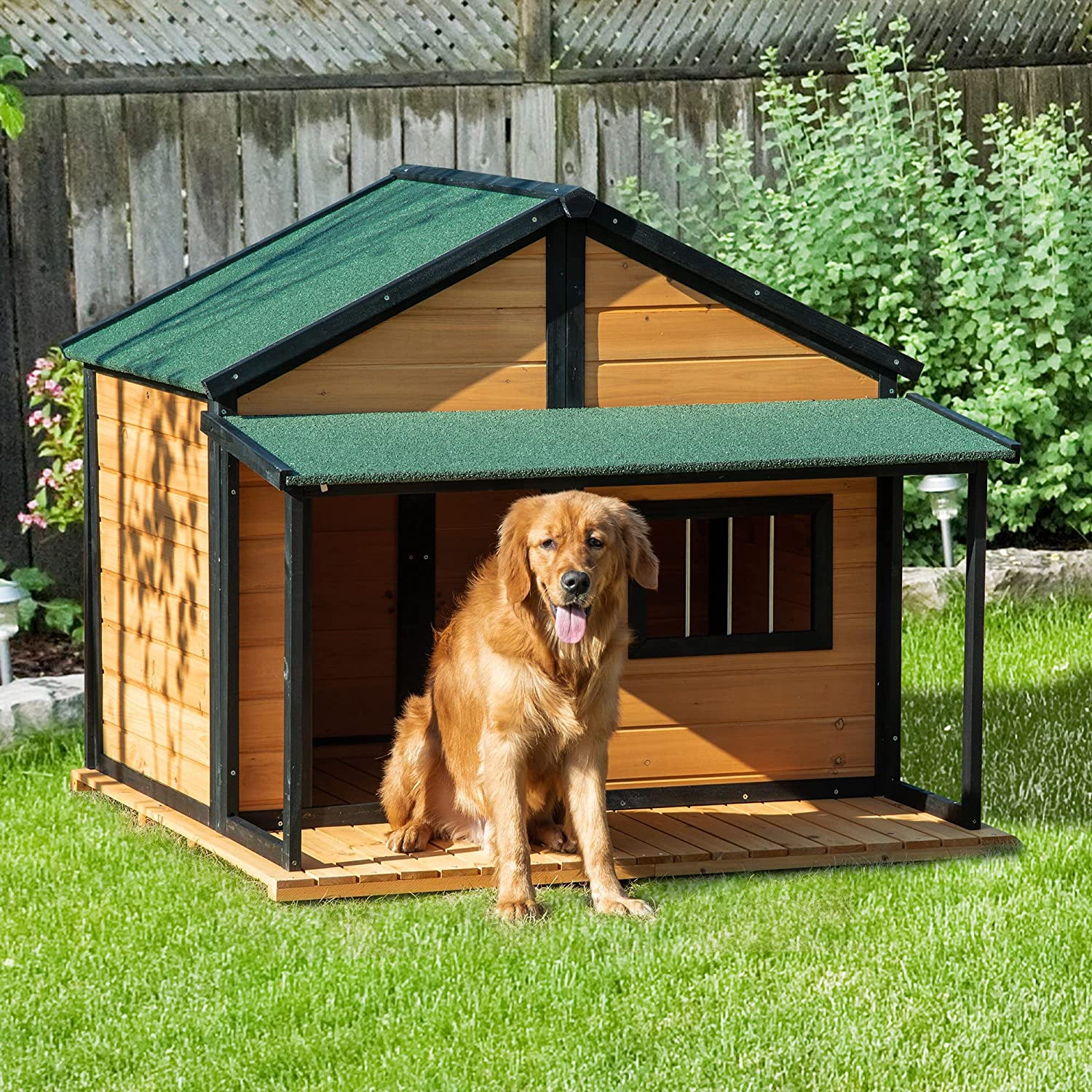 Large Dog House, Cabin Style with Asphalt Roof, Front Door, Side Window, Yellow The Pimp Your Pets Store